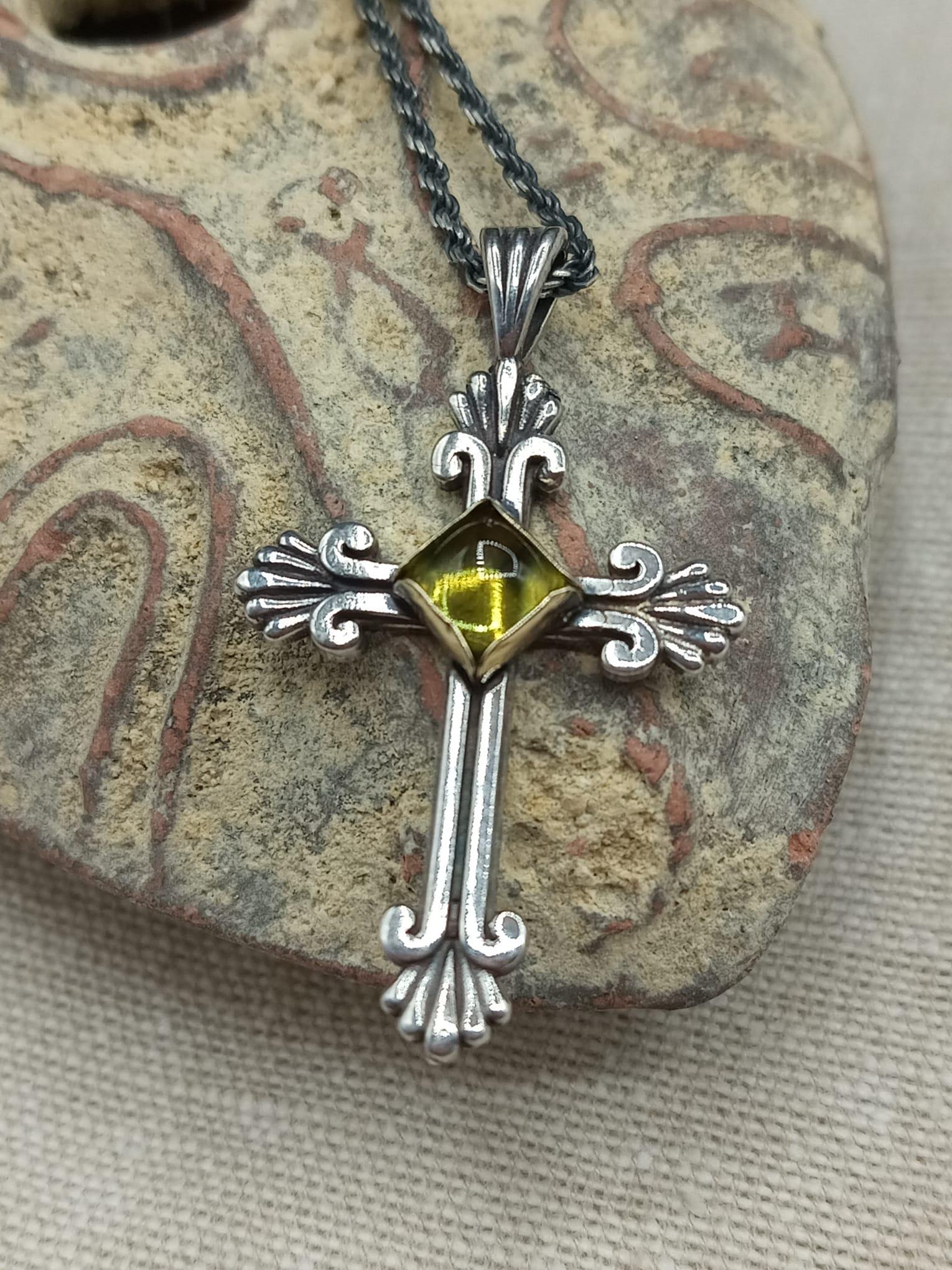 Sterling Silver & 14 Karat Gold designer cross with Peridot