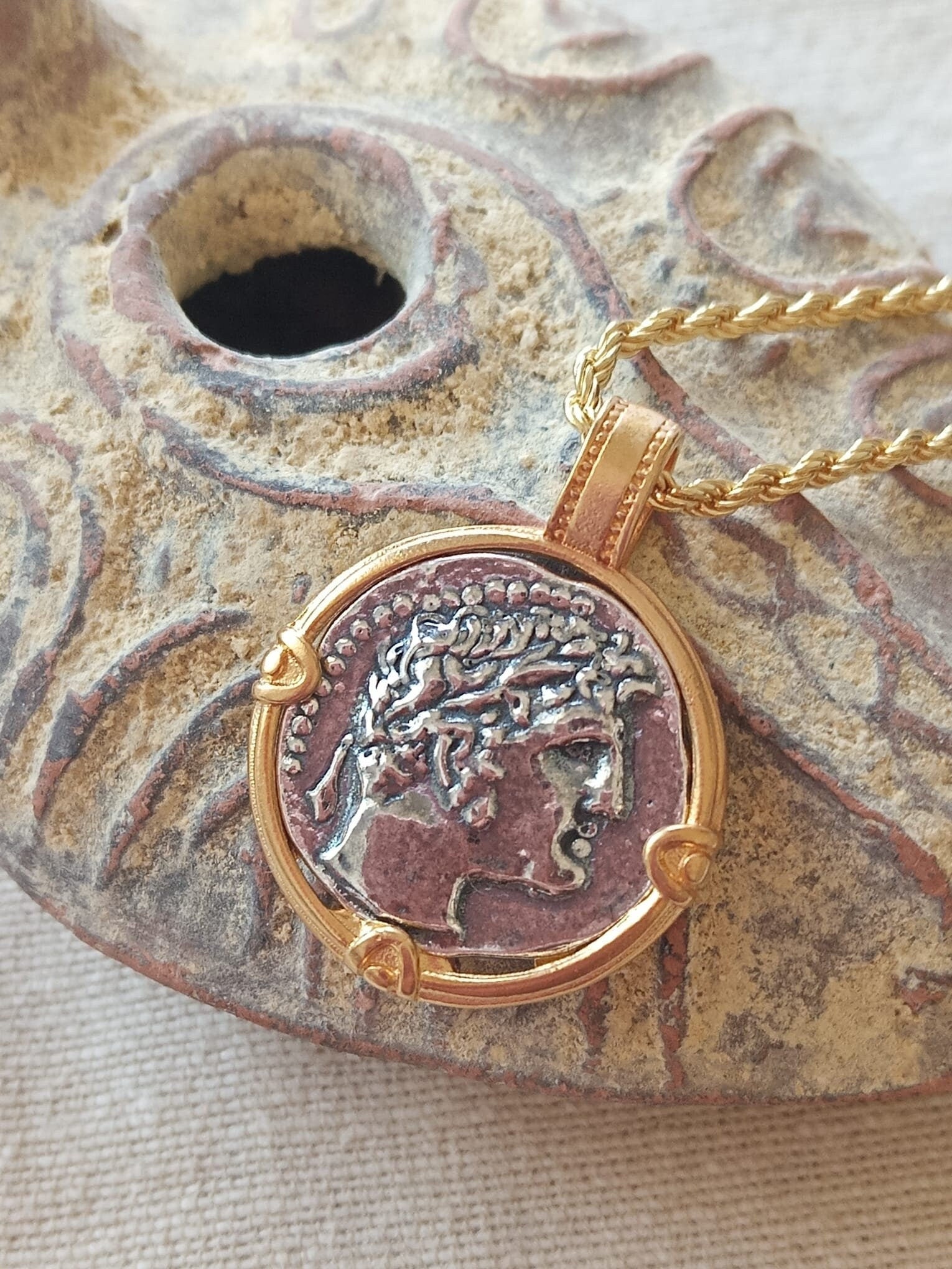 Shekel of Tyre ancient Roman Coin Sterling Silver with designer Gold frame