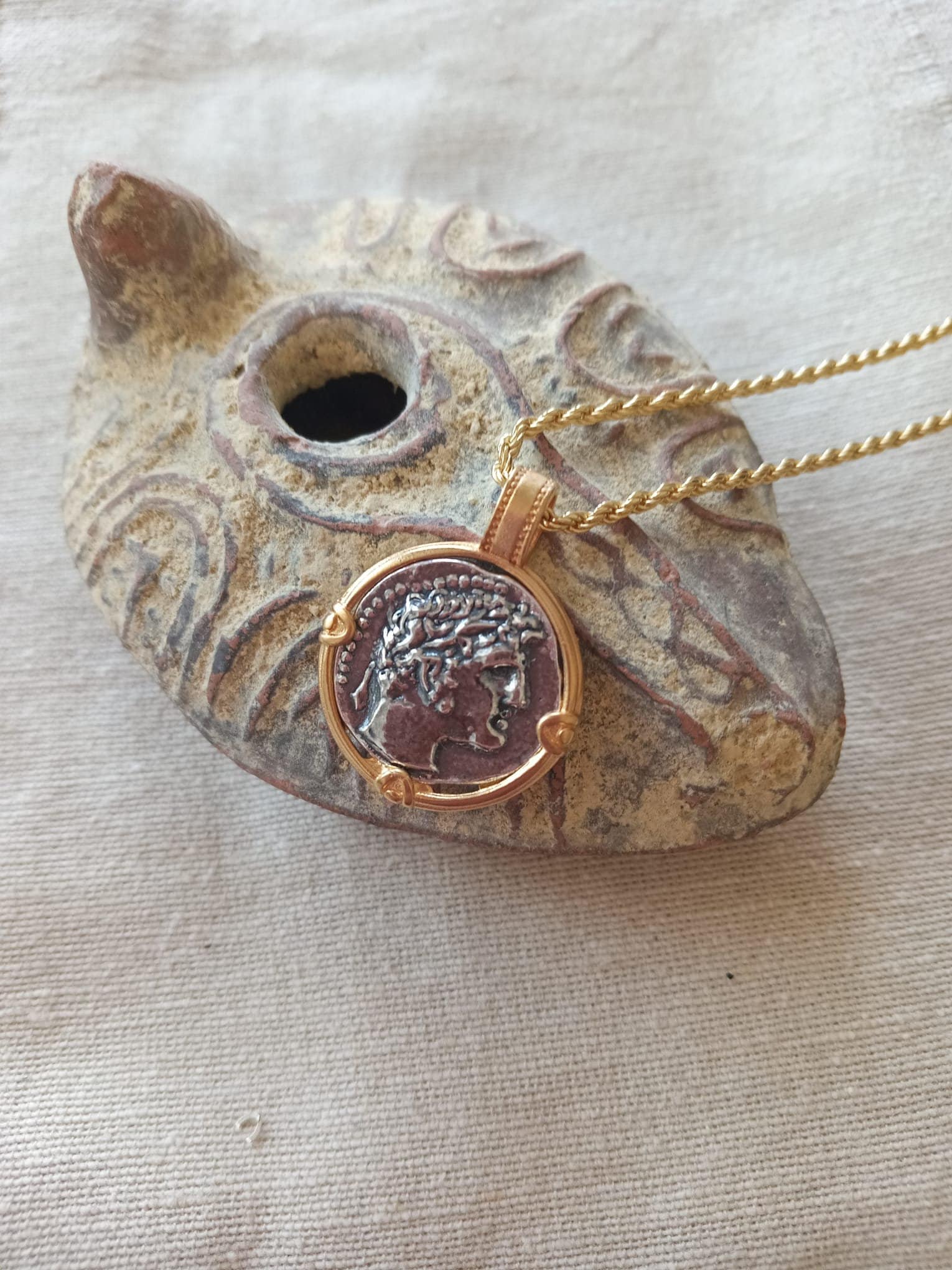 Shekel of Tyre ancient Roman Coin Sterling Silver with designer Gold frame