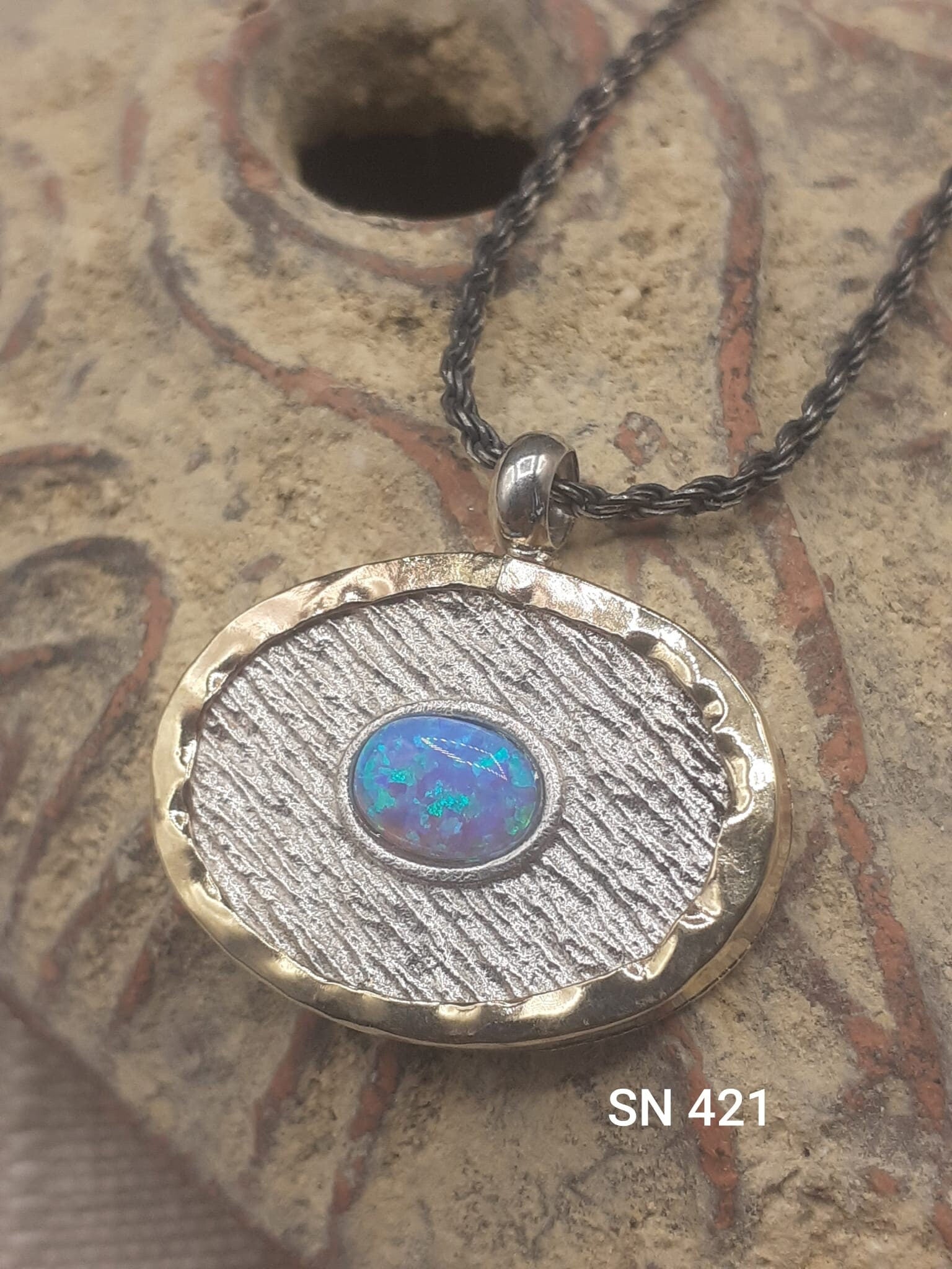 Artistically Hand made oval 925 textured sterling Silver & Gold pendant Set with Opal