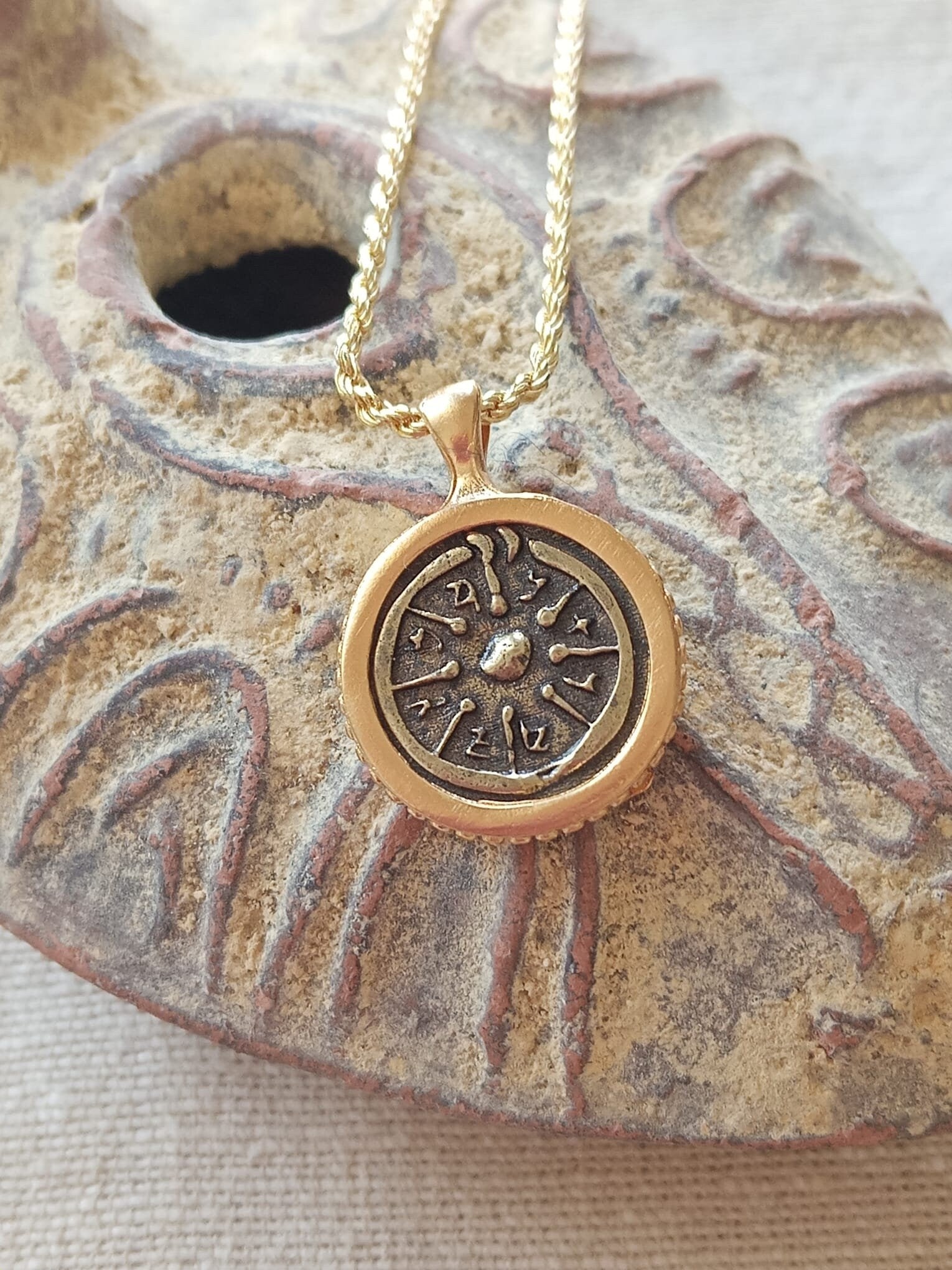 Gold framed Widow's mite ancient Biblical coin pendant