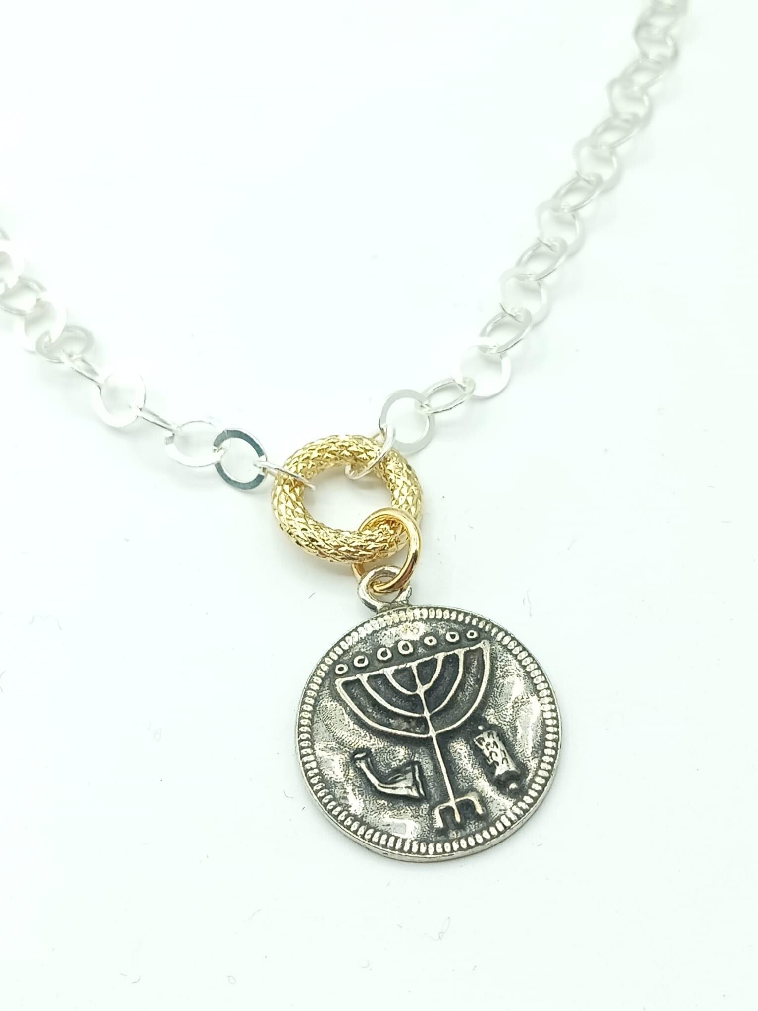 Hand made menorah coin Sterling silver pendant