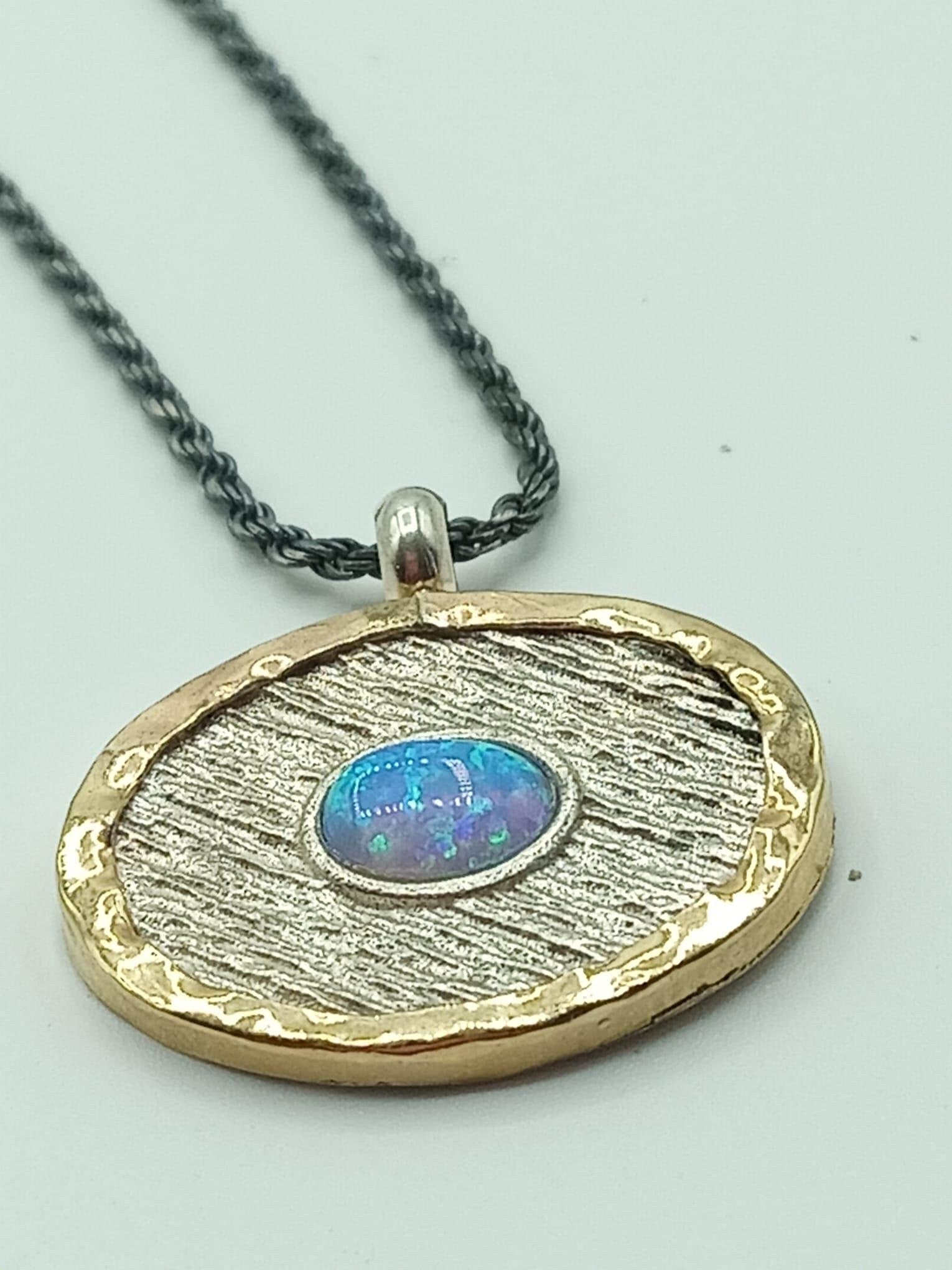 Artistically Hand made oval 925 textured sterling Silver & Gold pendant Set with Opal