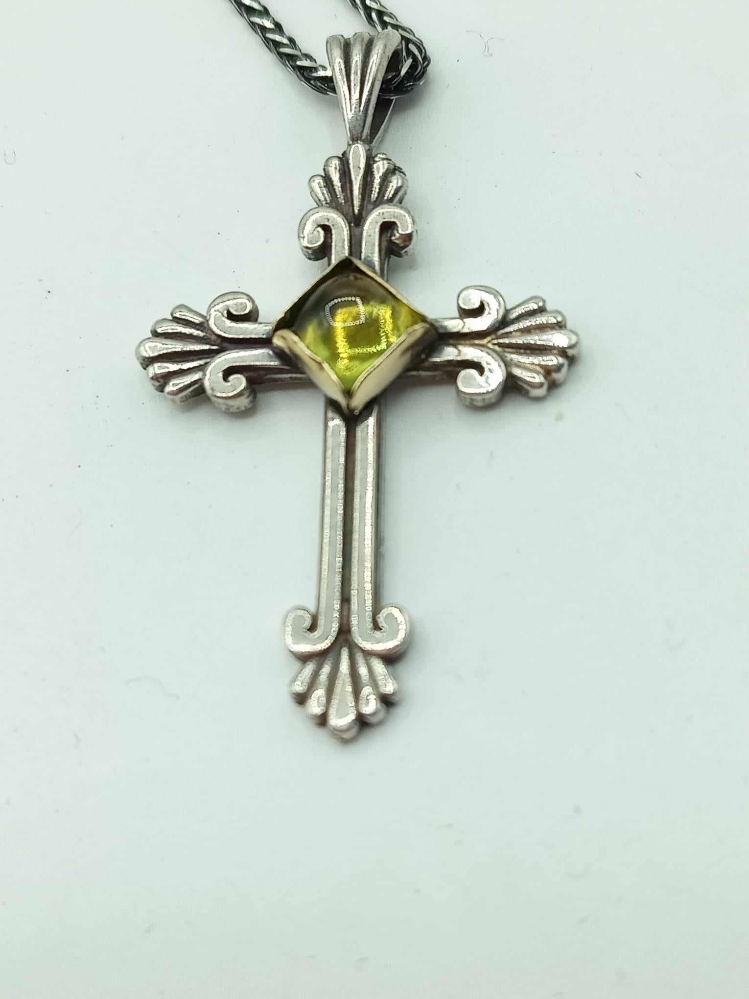 Sterling Silver & 14 Karat Gold designer cross with Peridot