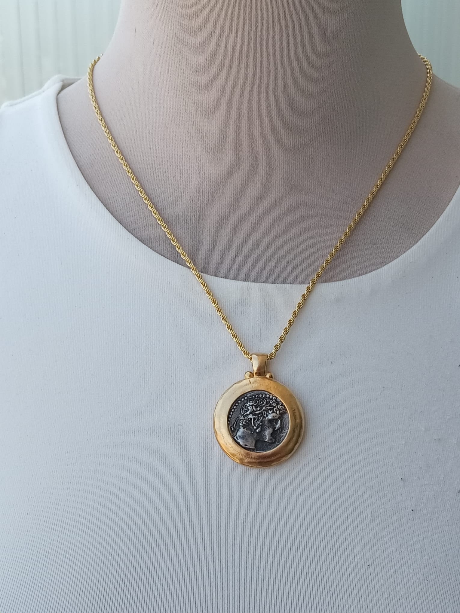 Beautiful two tone Gold frame with Sterling Silver ancient coin Tyrian Shekel