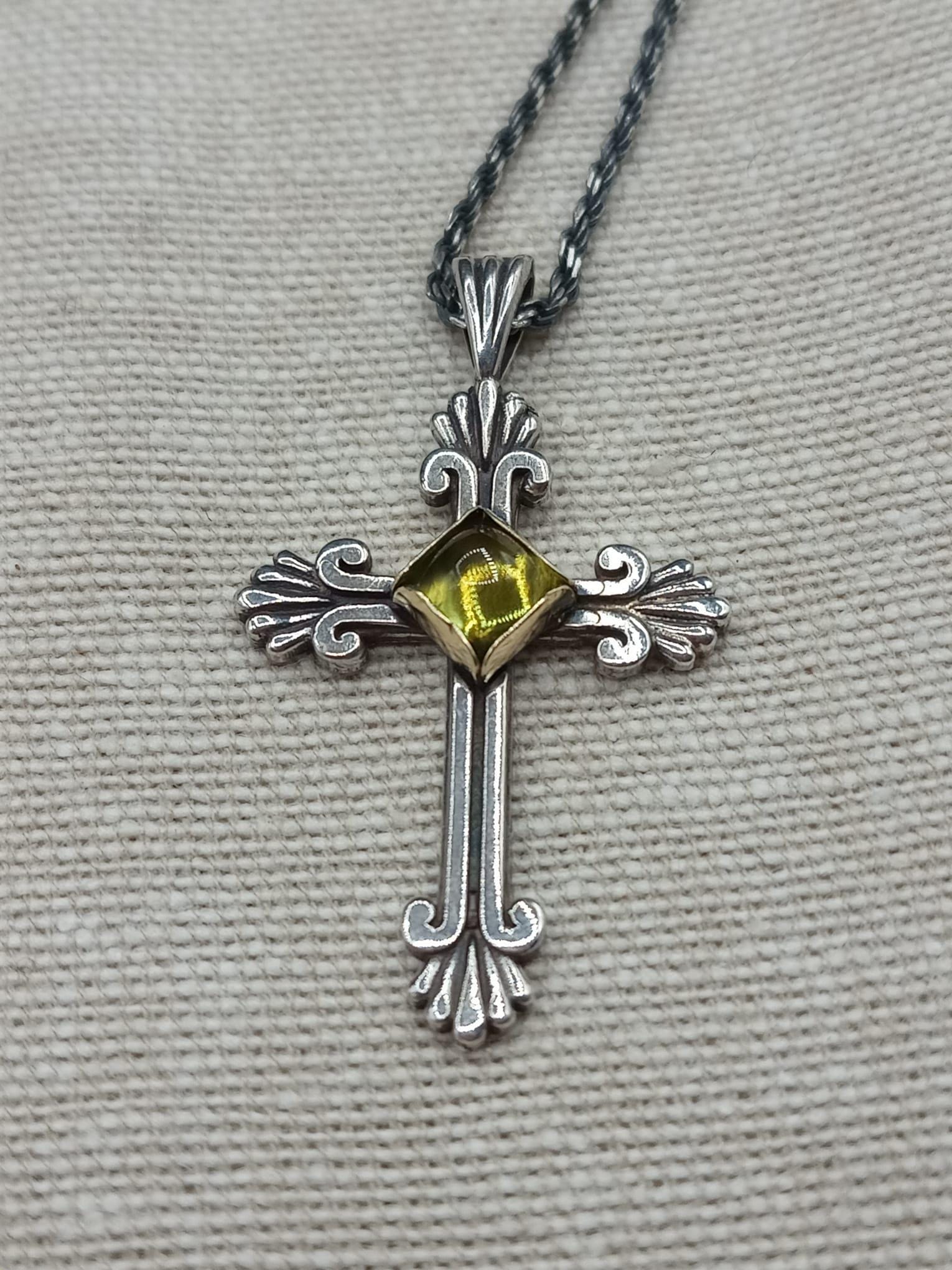 Sterling Silver & 14 Karat Gold designer cross with Peridot