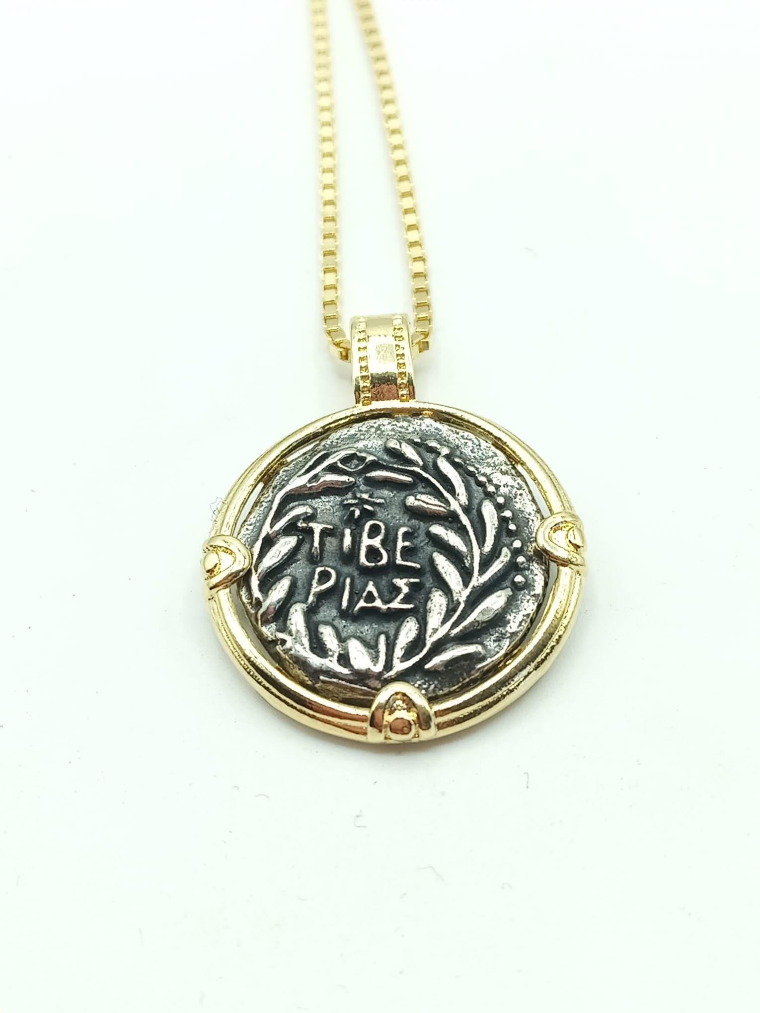 Coin of the resurrection Biblical coin Pendant made from 925 Sterling Silver & Gold frame