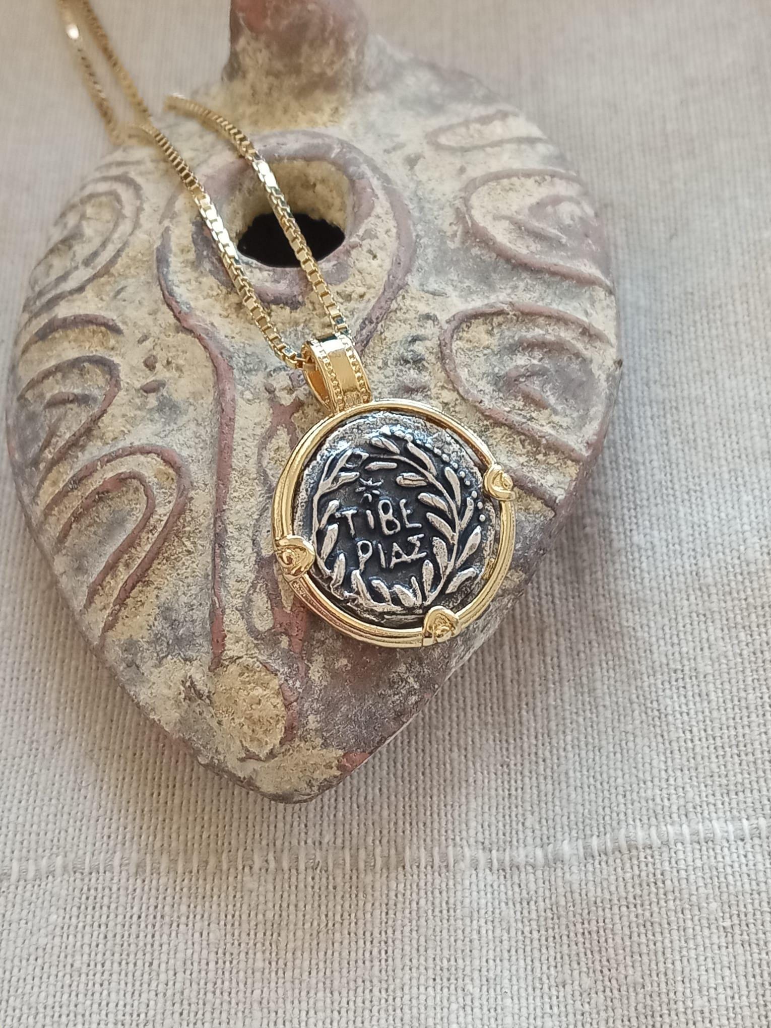 Coin of the resurrection Biblical coin Pendant made from 925 Sterling Silver & Gold frame