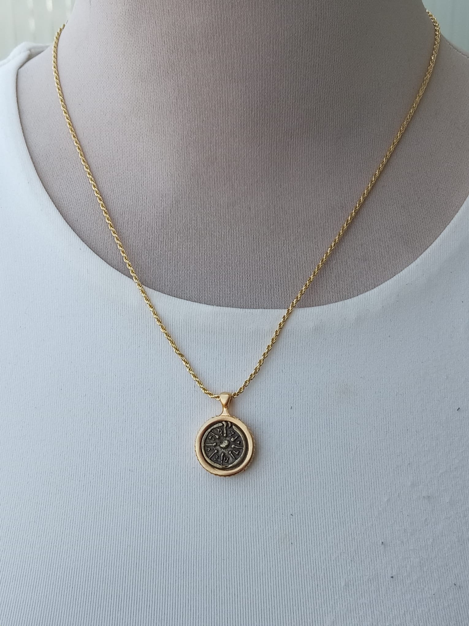 Gold framed Widow's mite ancient Biblical coin pendant