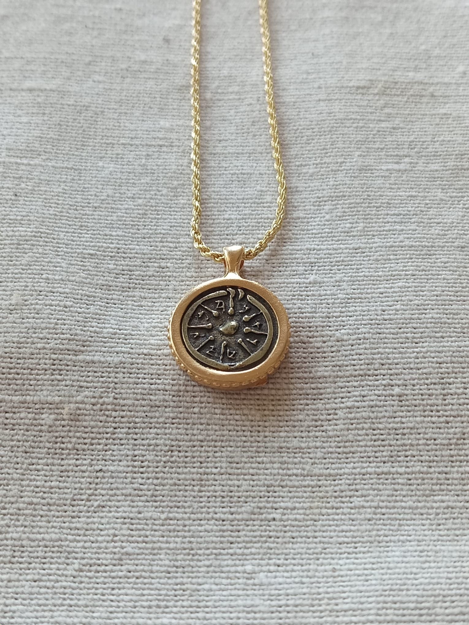 Gold framed Widow's mite ancient Biblical coin pendant