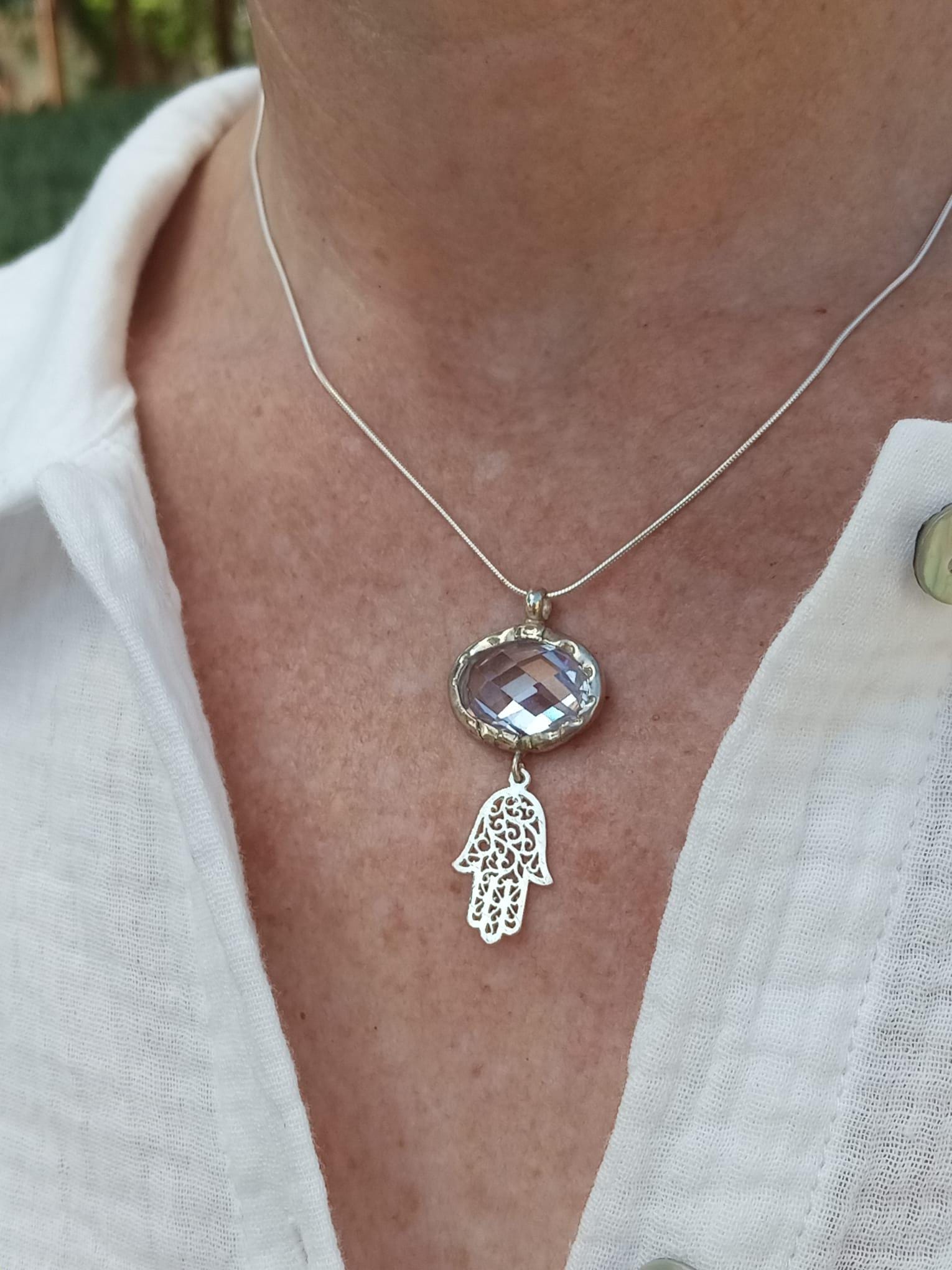 Gorgeous 925 Sterling silver and faceted cz pendant with Hamsa necklace