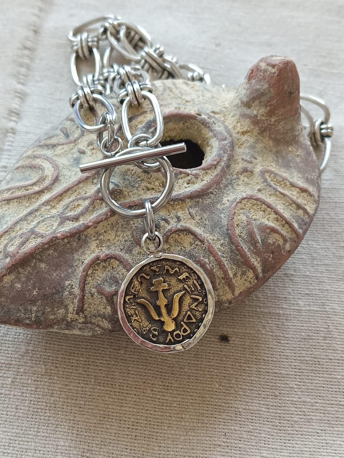 Chunky Widow's mite Ancient Biblical coin on Chain necklace with Toggle