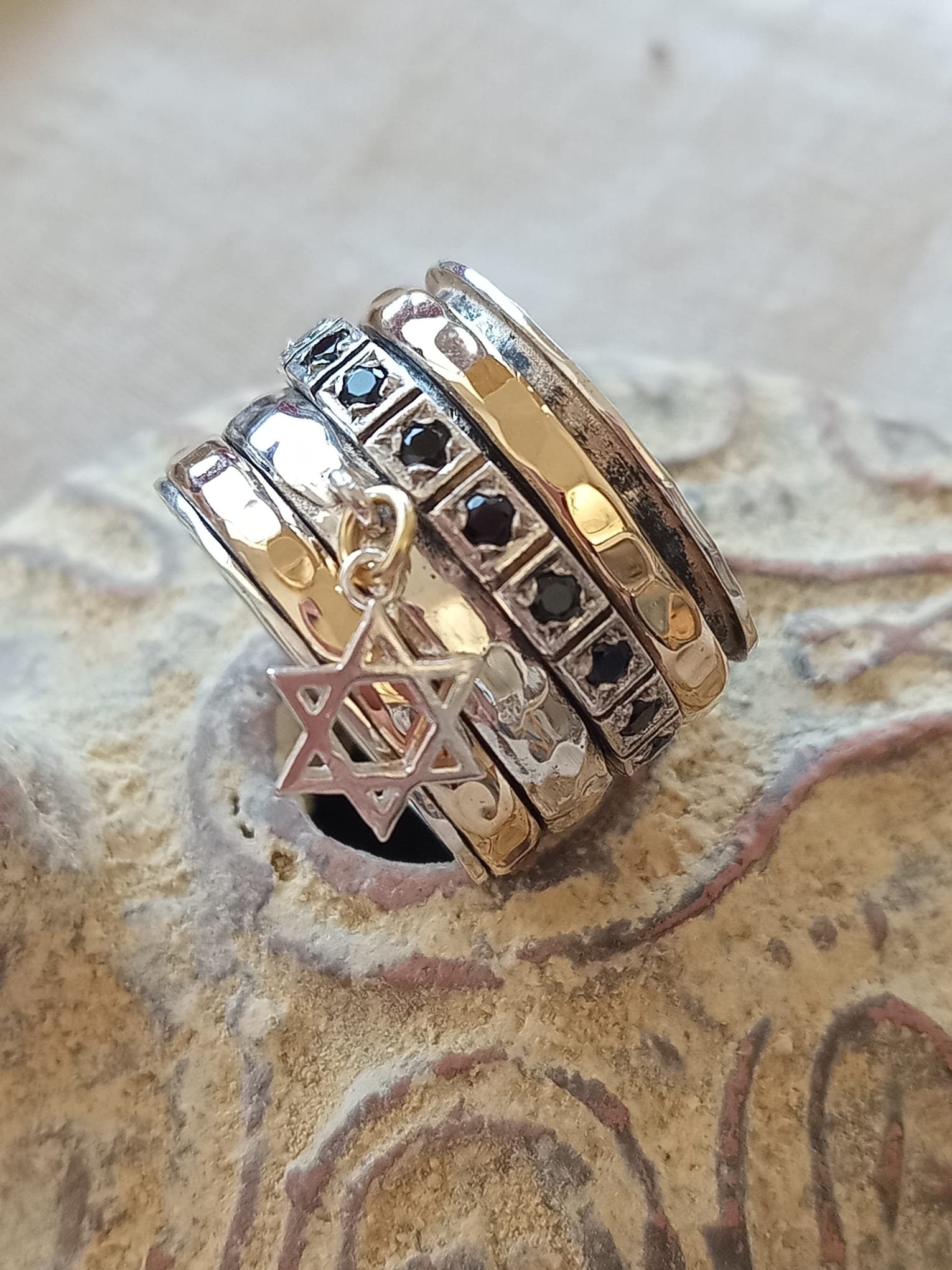 Hand made Sterling silver & Gold spinner ring set with stones and dangling Star of David