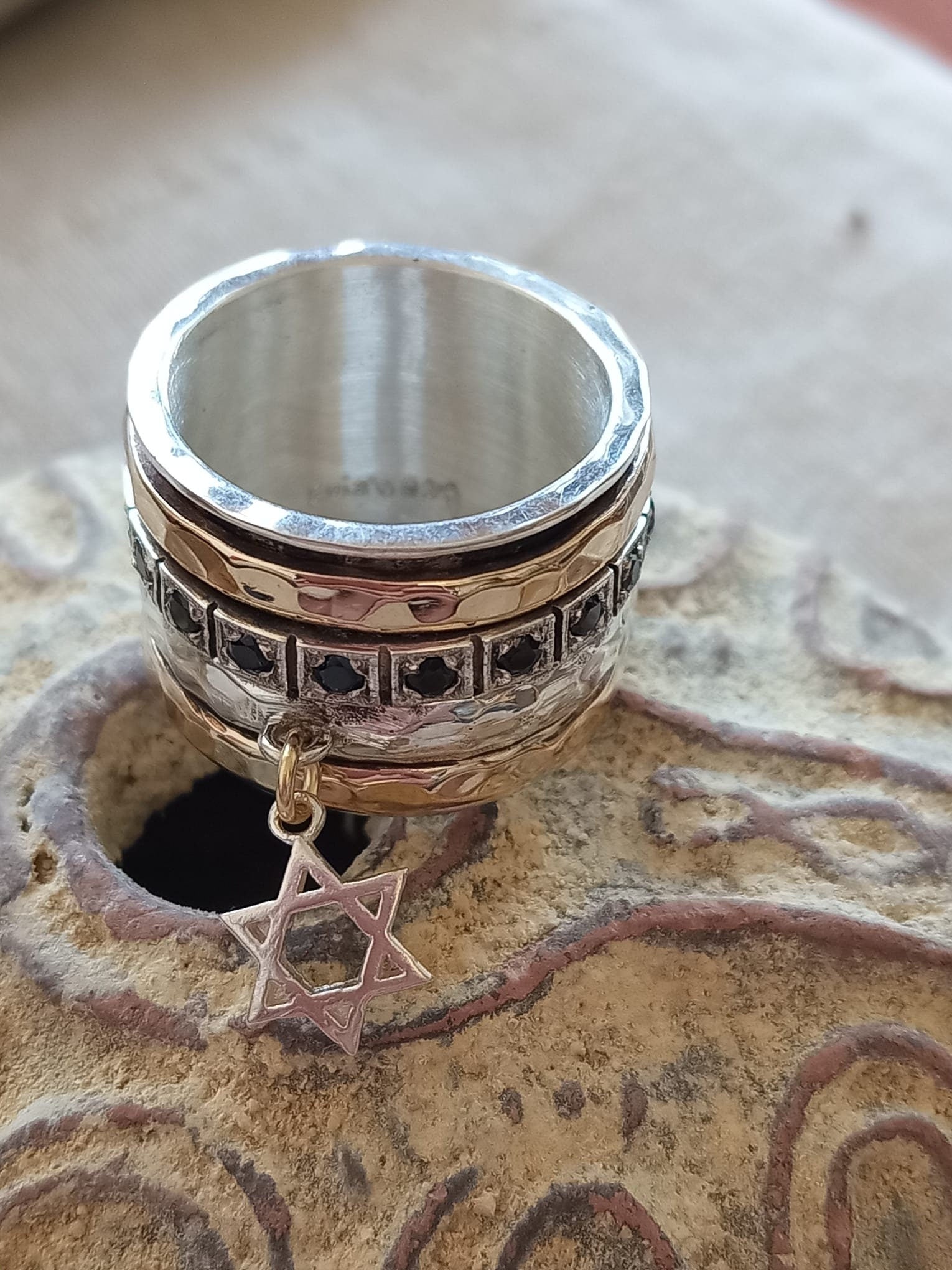 Hand made Sterling silver & Gold spinner ring set with stones and dangling Star of David