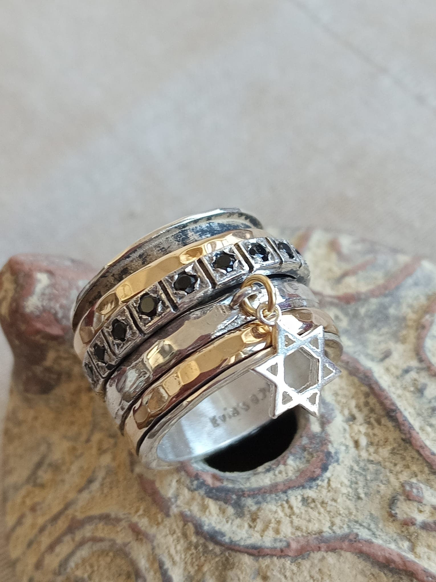 Hand made Sterling silver & Gold spinner ring set with stones and dangling Star of David
