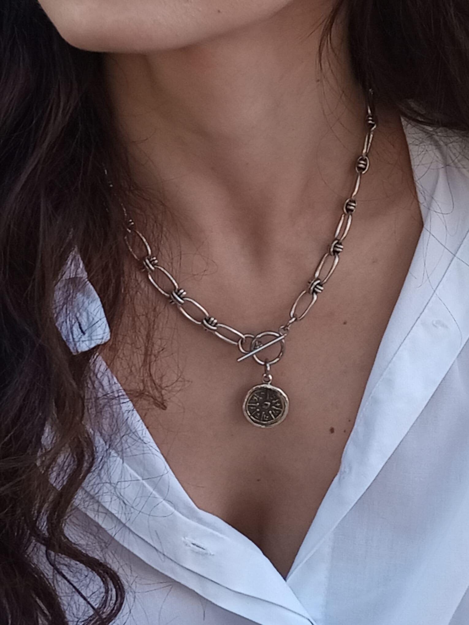 Chunky Widow's mite Ancient Biblical coin on Chain necklace with Toggle