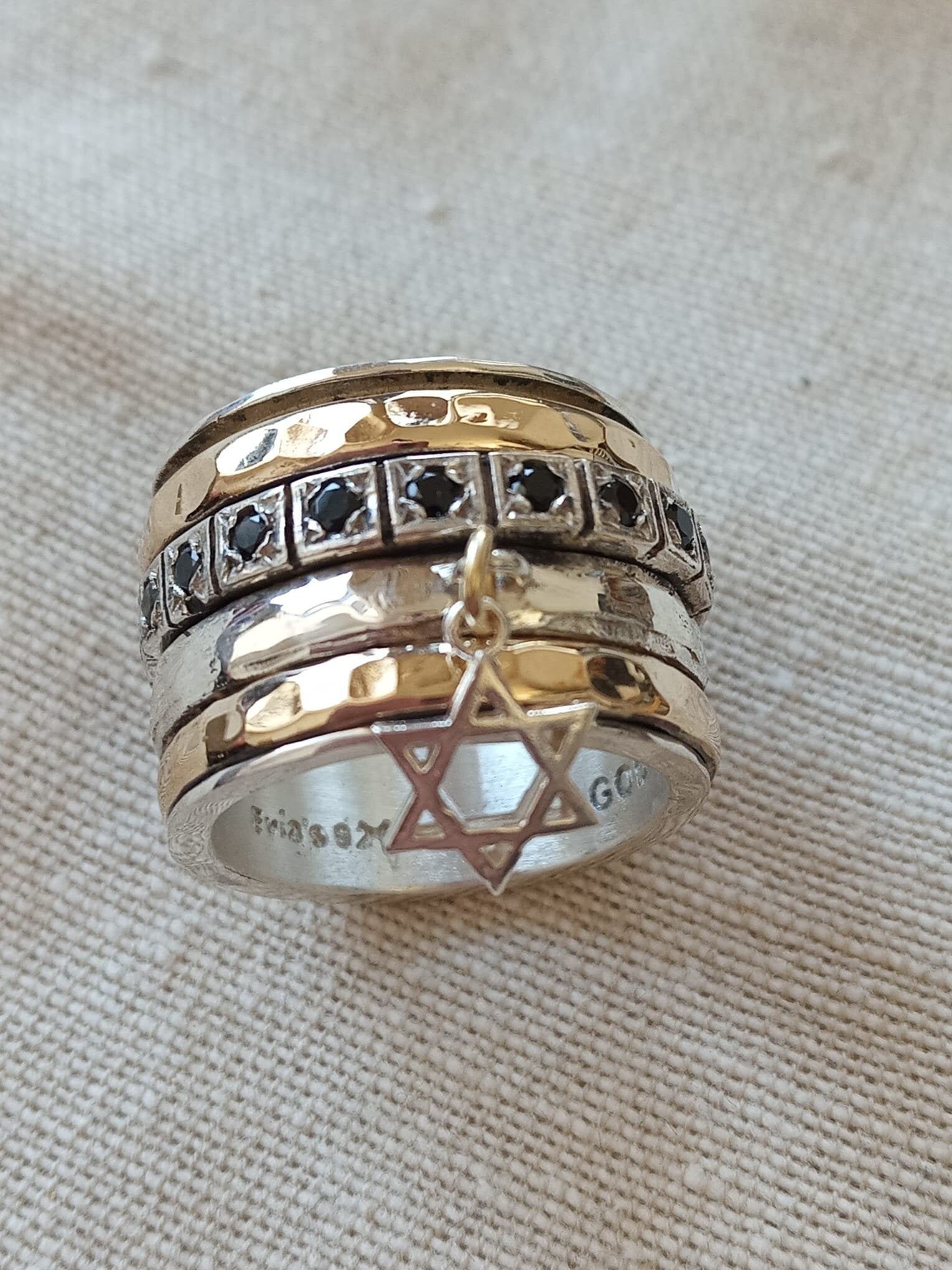 Hand made Sterling silver & Gold spinner ring set with stones and dangling Star of David