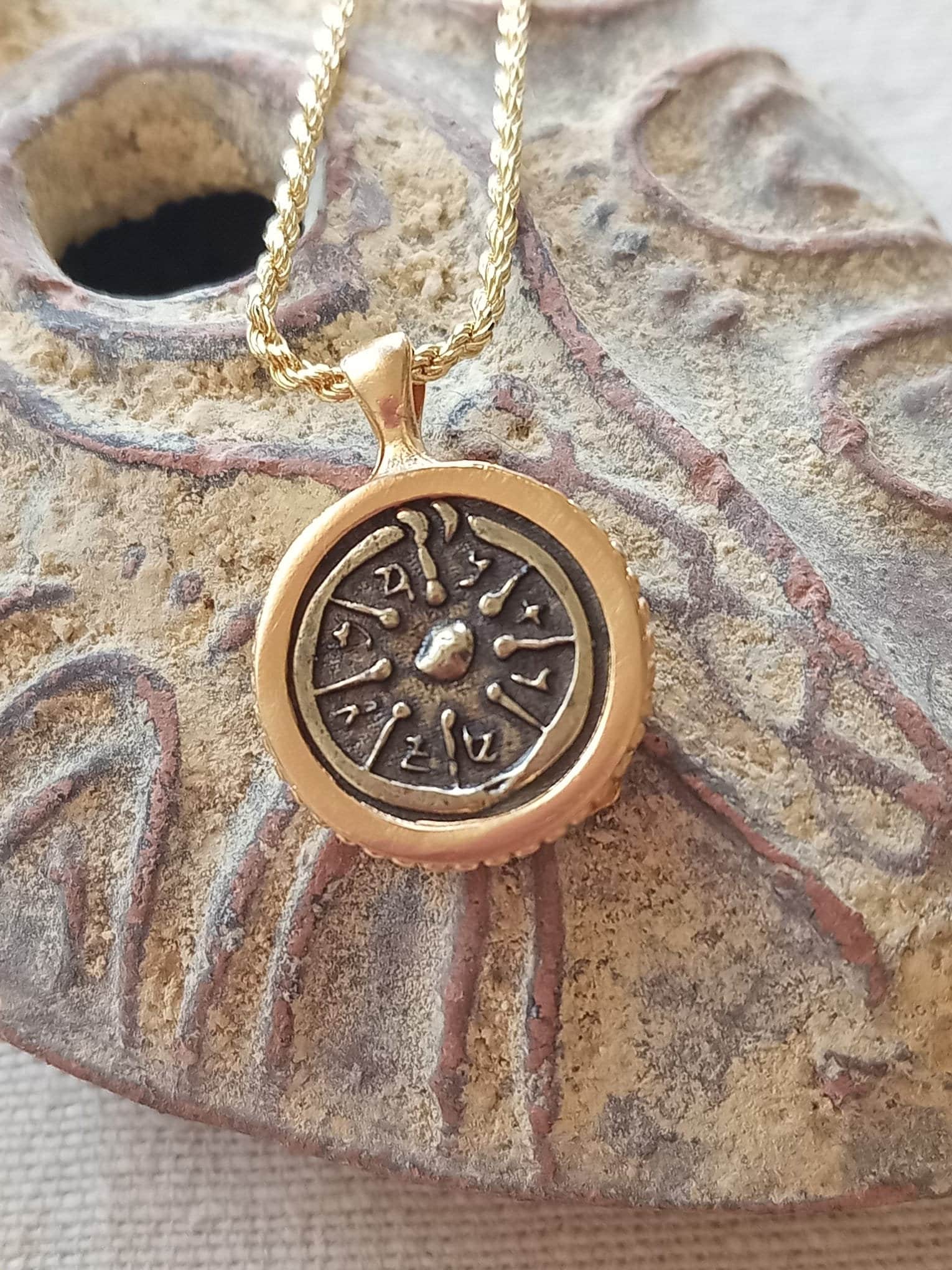 Gold framed Widow's mite ancient Biblical coin pendant