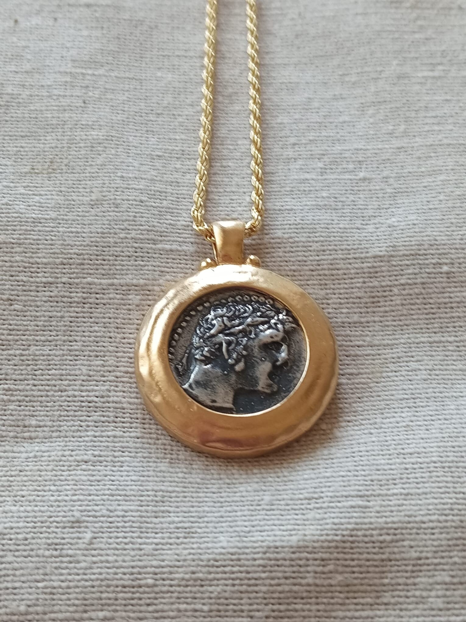 Beautiful two tone Gold frame with Sterling Silver ancient coin Tyrian Shekel