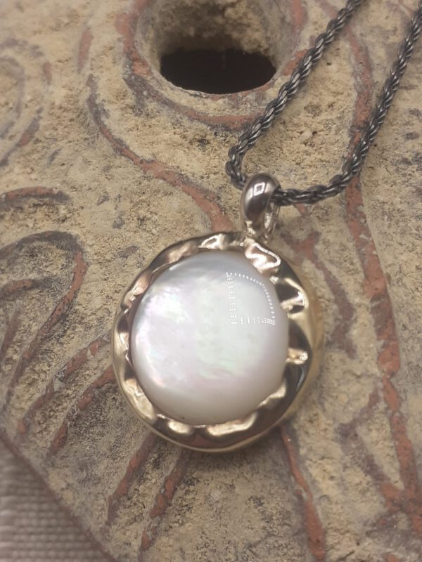 Hand crafted Mother of Pearl pendant made from Sterling Silver & 14 Karat Gold