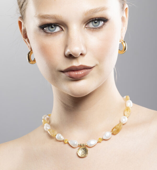 Elegant wild citrine & Jumbo pearl designer necklace with Gold hammer finish pendant