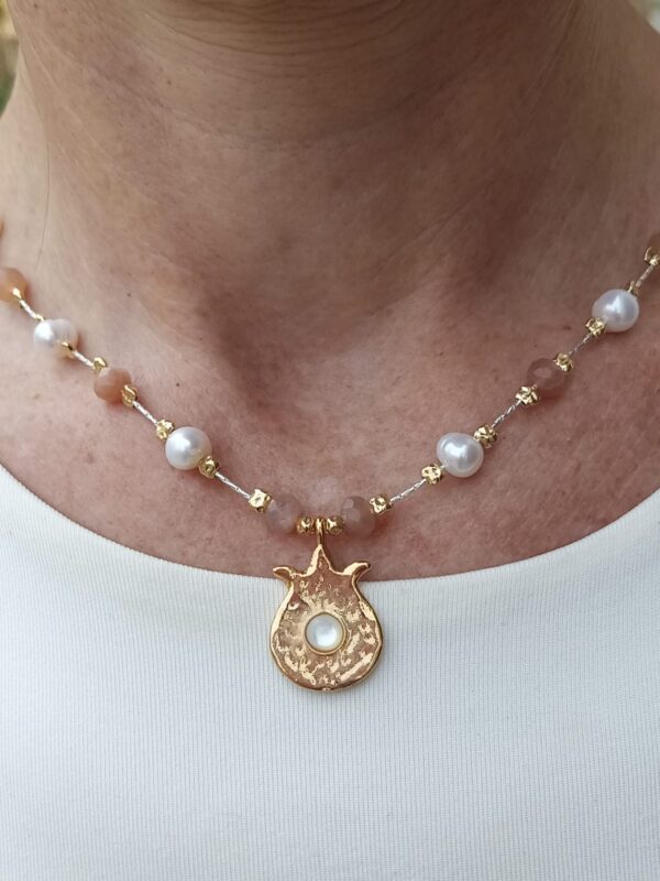 Gold pomegranate set with Mother of pearl on hand made beaded necklace