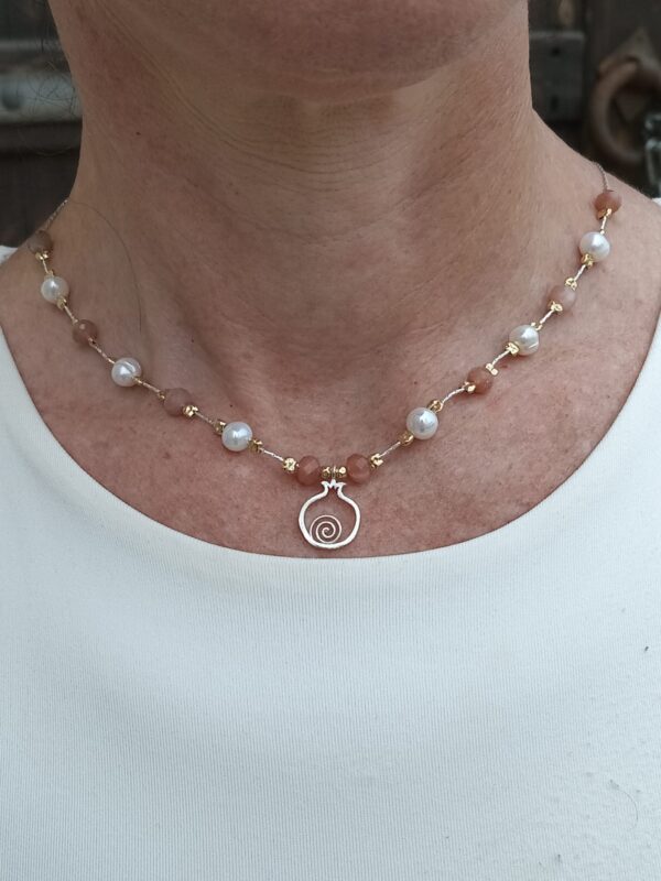 Beautifully hand made Beaded sun stone & fresh water pearl with pomegranate silver pendant