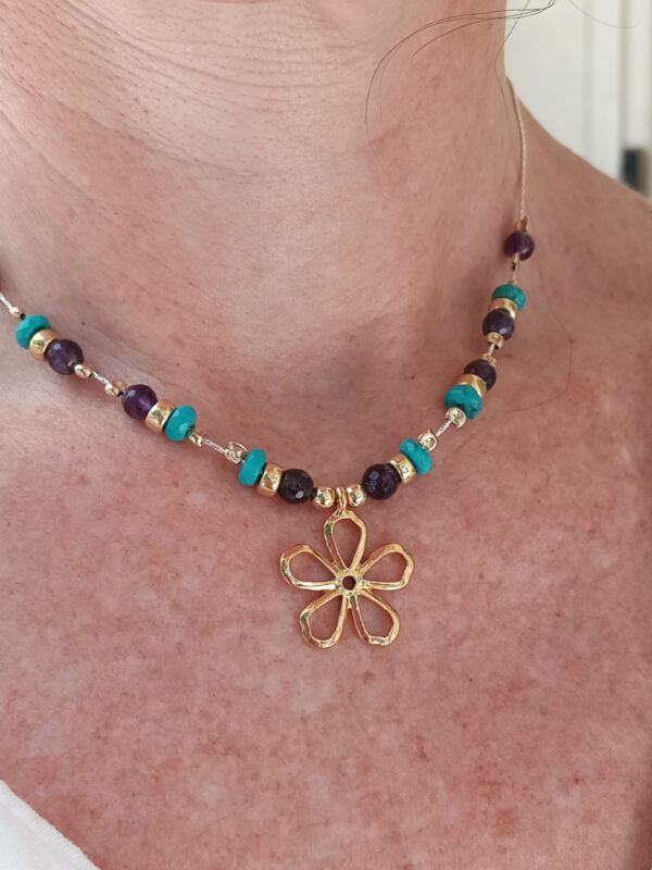 Designer beaded necklace combining Turquoise, faceted Amethyst & Gold beads with Gold floral pendant