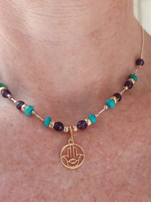 Turquoise, faceted Amethyst & Gold beaded necklace with Gold Hamsa pendant