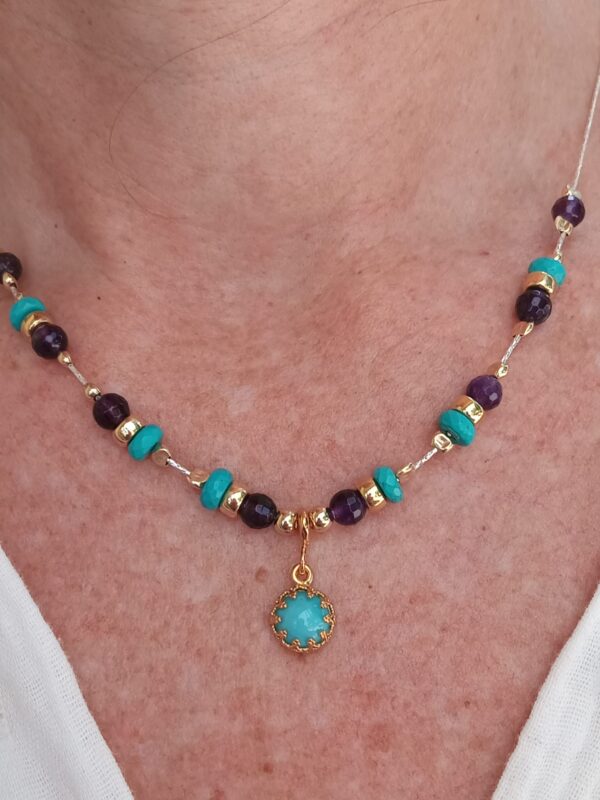 Beaded Turquoise Amethyst & Gold necklace with Gold turquoise designer pendant