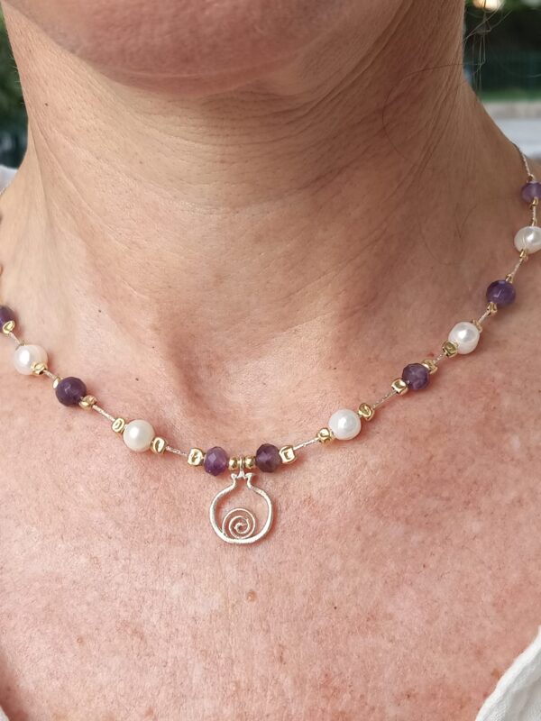 925 Sterling Silver Pomegranate pendant on Silver beaded necklace with Pearl & Amethyst