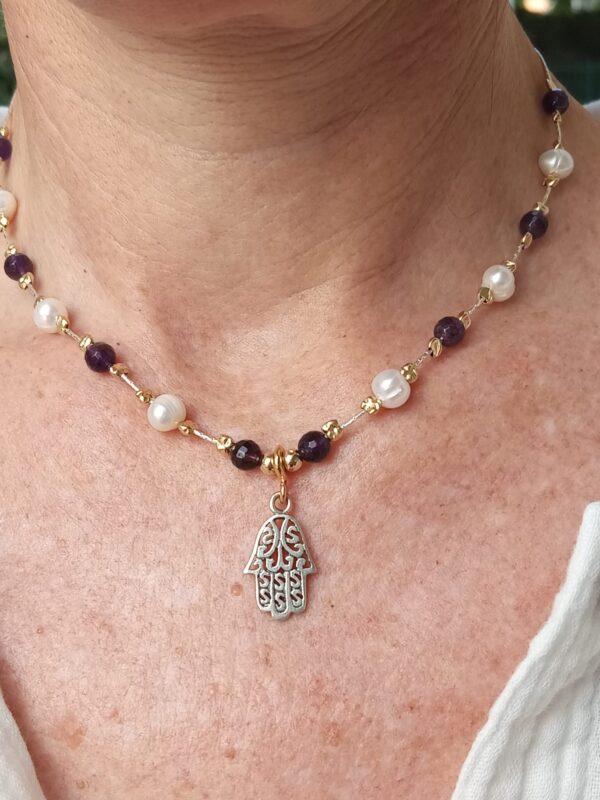 Hand made beaded necklace with faceted Amethyst, Real Pearl, Gold beads & Hamsa filagree pendant