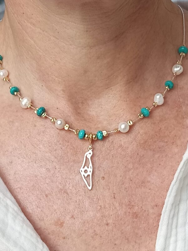 Beaded 925 Sterling silver, Turquoise and Pearl necklace with Map of Israel pendant