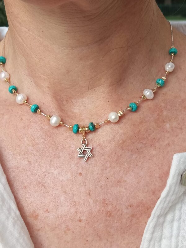 Turquoise & Fresh water beaded 925 Sterling silver necklace with Star of David