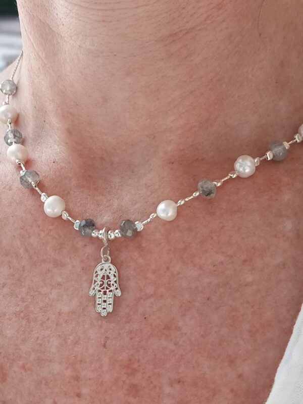 Beaded designer necklace with Tourmaline, Fresh water pearls & Hamsa pendant