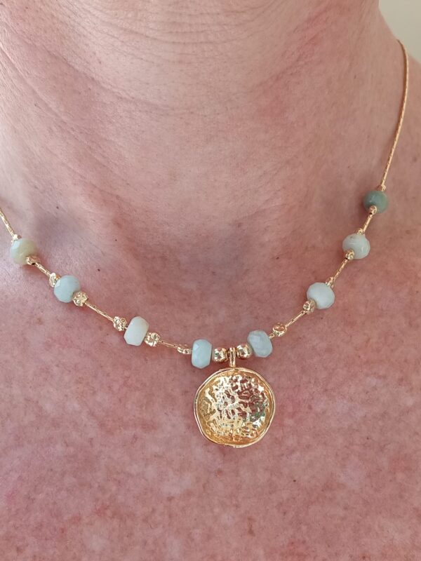 Beautiful hammer fish Gold pendant on Gold filled chain beaded with faceted Amazonite