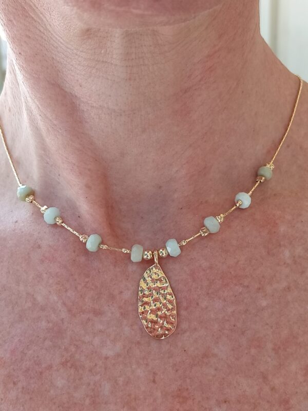 Hammer finish Golden nugget pendant on Amazonite semi precious stone Gold filled chain necklace