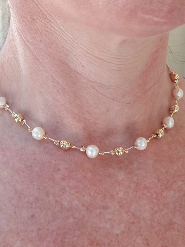 All around Fresh water Pearl & Hammered Gold filled beads necklace