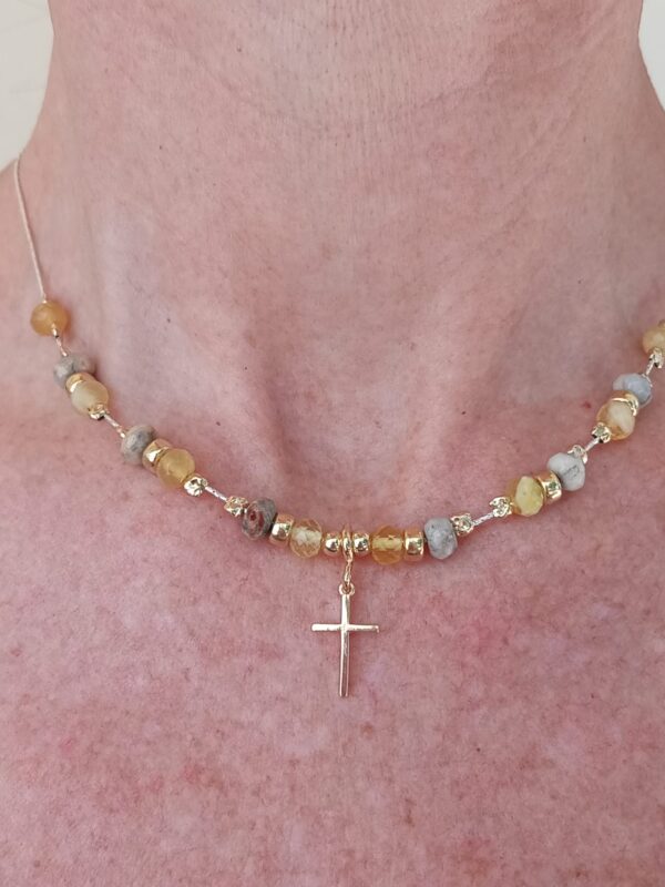 Hand made glamour necklace made with Citrine, Yellow Opal, Agate & Gold beads with delicate cross pendant