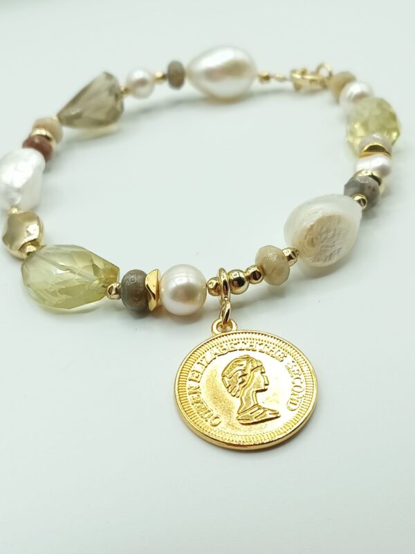 Beautifully made decorative Gold coin bracelet with chunky wild smoky nuggets & unique pearls