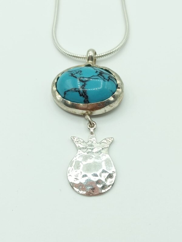 Hand made Oval 925 Sterling silver & Turquoise pendant with Hammer finish pomegranate charm